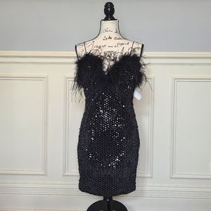 Akira black short party dress with feathered neck lining and sequins